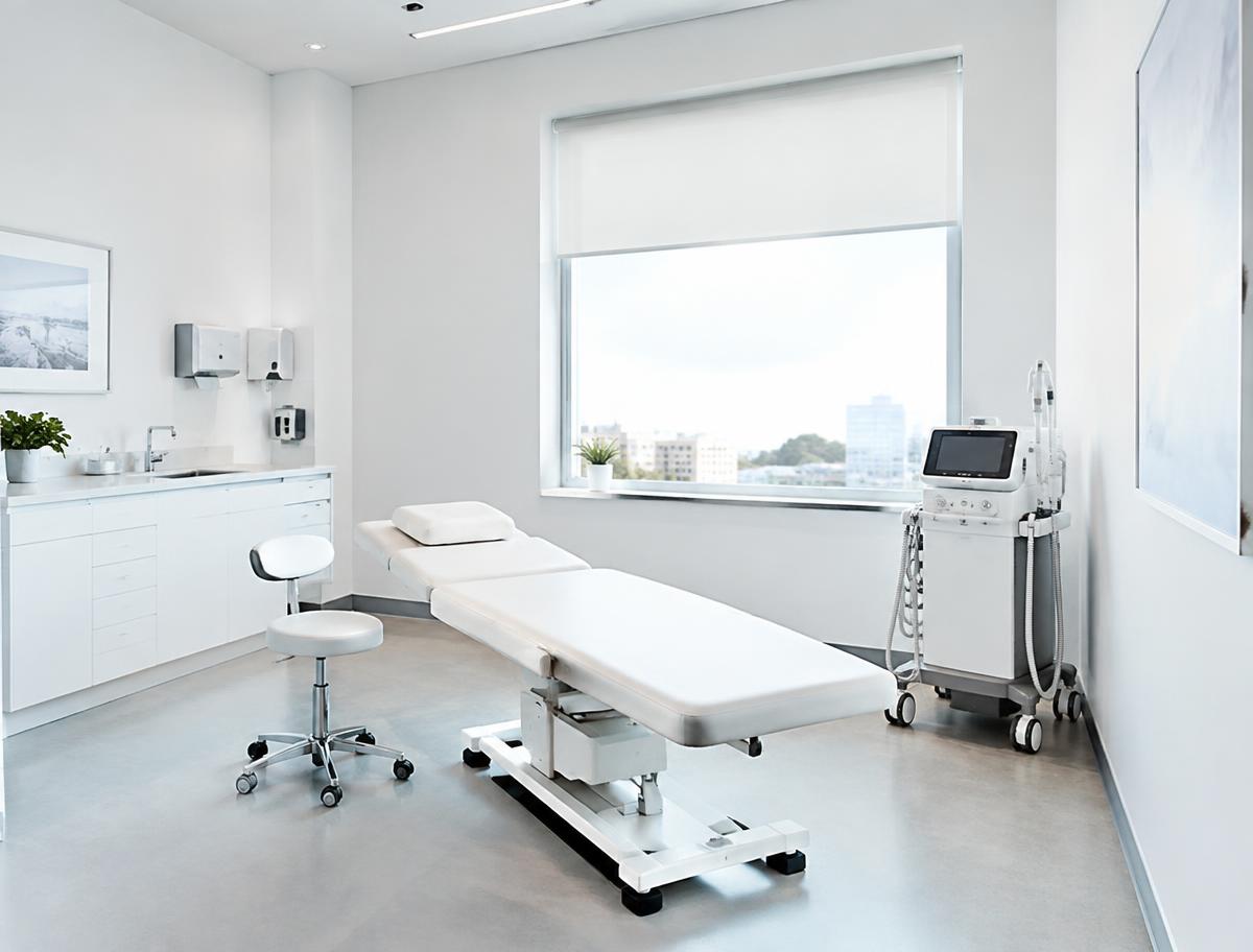 Hygienisch gereinigtes Behandlungszimmer einer Arztpraxis
